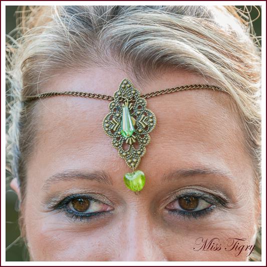 Headband mariage Elfique Médiéval bronze et perles vertes