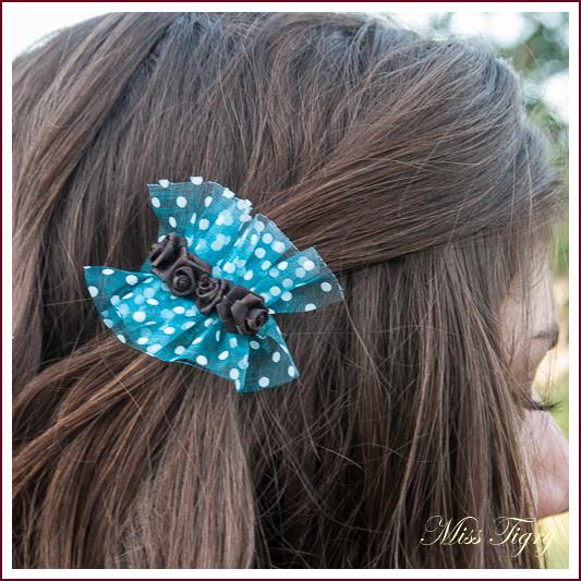 Barrette pince à cheveux organza plissé turquoise rose satin chocolat